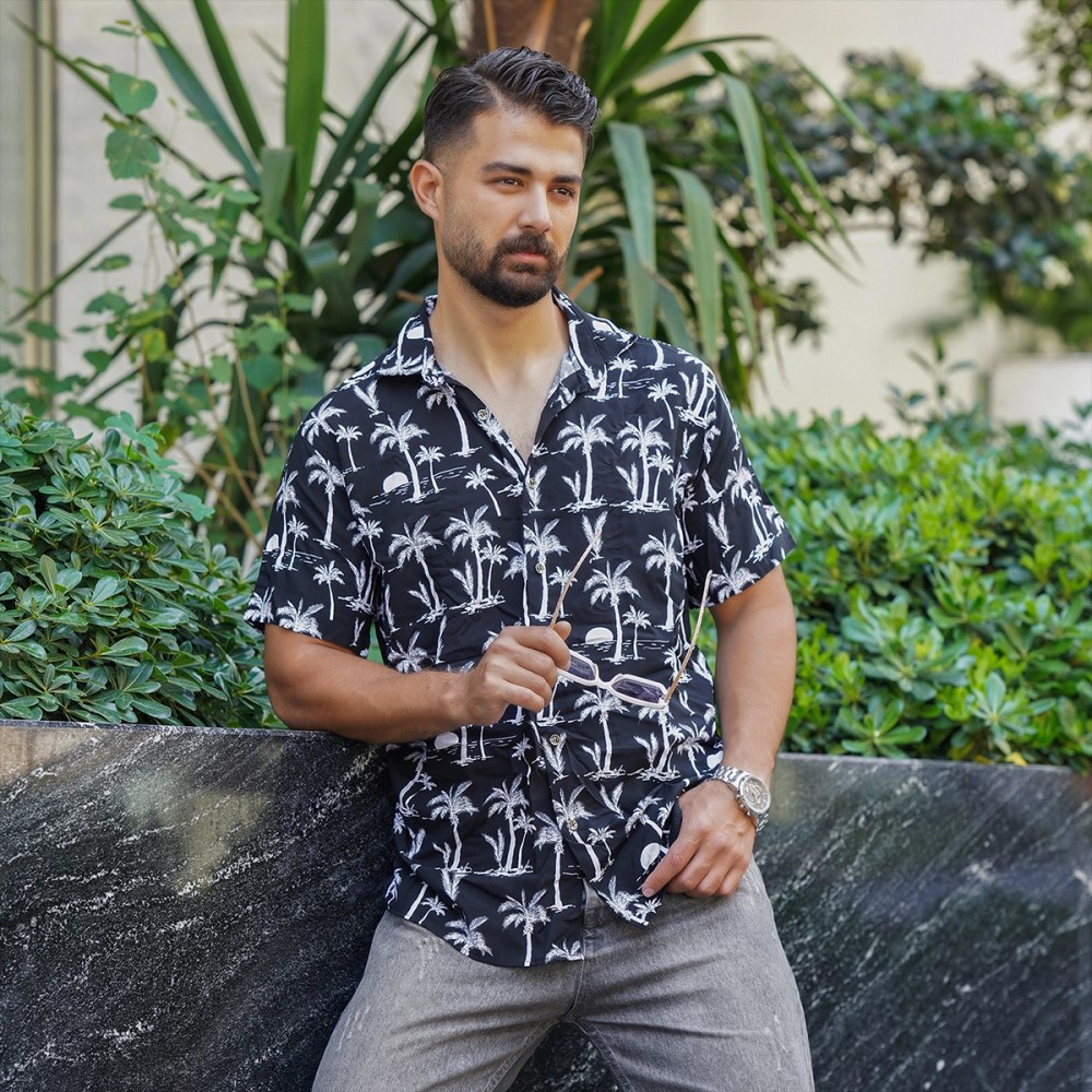 پیراهن هاوایی طرح نخل مشکی مردانه مدل Lavin